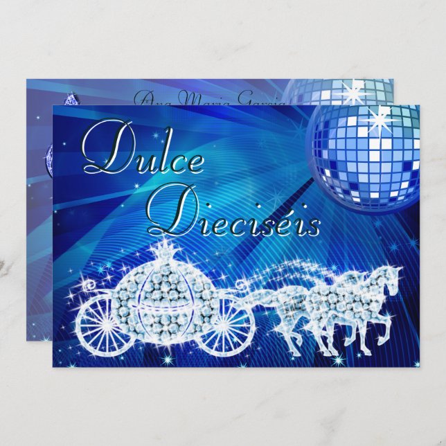 Blue Disco Ball, Princess Coach & Horses Sweet 16 Invitation (Front/Back)