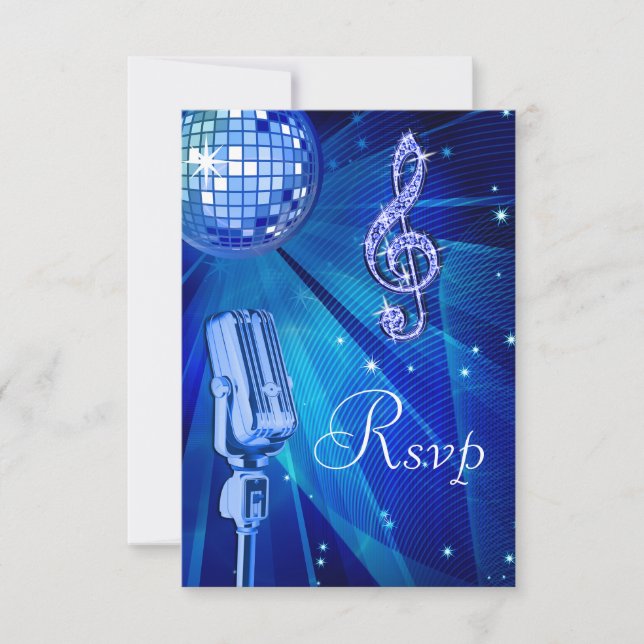Blue Disco Ball & Retro Microphone RSVP Card (Front)