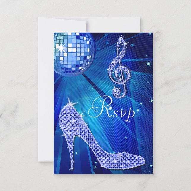 Blue Disco Ball Sparkle Heels RSVP Card (Front)