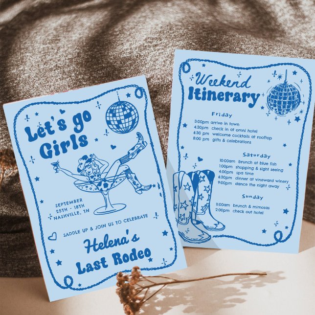 Blue Disco Rodeo Cowgirl Bachelorette Weekend Invitation (Creator Uploaded)