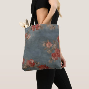 Blue Distressed Print with Old Roses Tote Bag