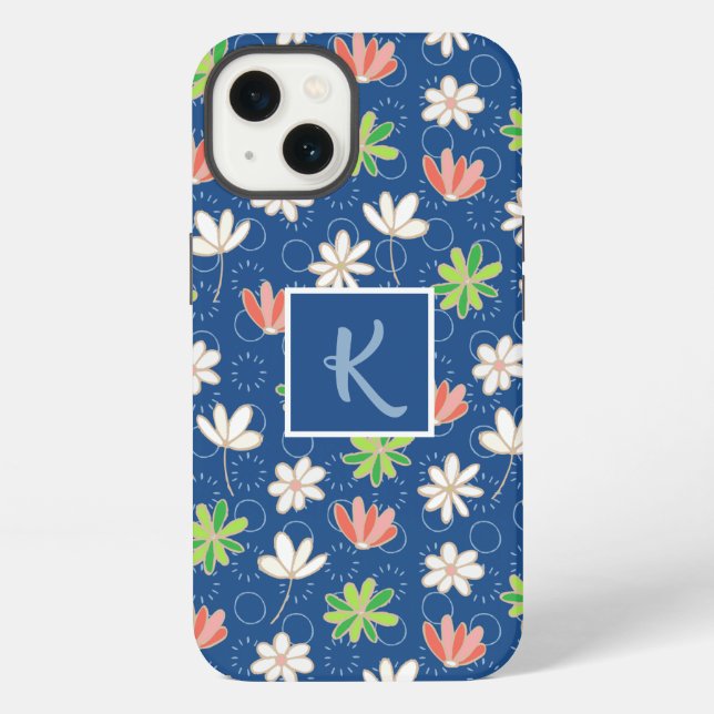 Blue Ditsy Floral Monogram  iPhone Case (Back)