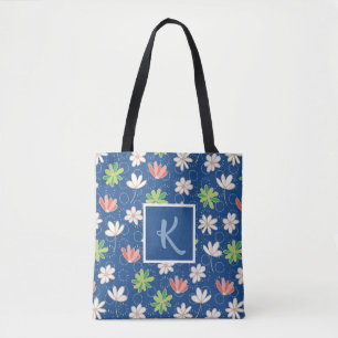 Blue Ditsy Floral Pattern Monogram Tote Bag