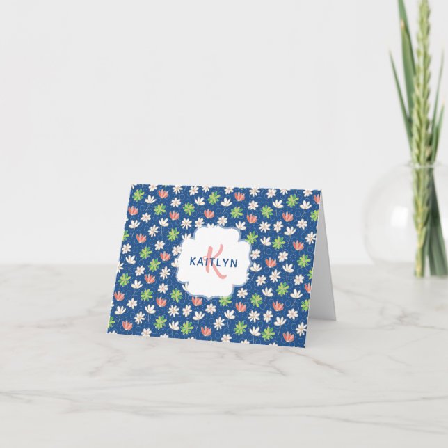 Blue Ditsy Floral Personalised Blank Note Card (Front)