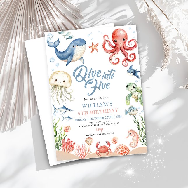Blue Dive Into Five Ocean Animals 5th Birthday Invitation (Creator Uploaded)