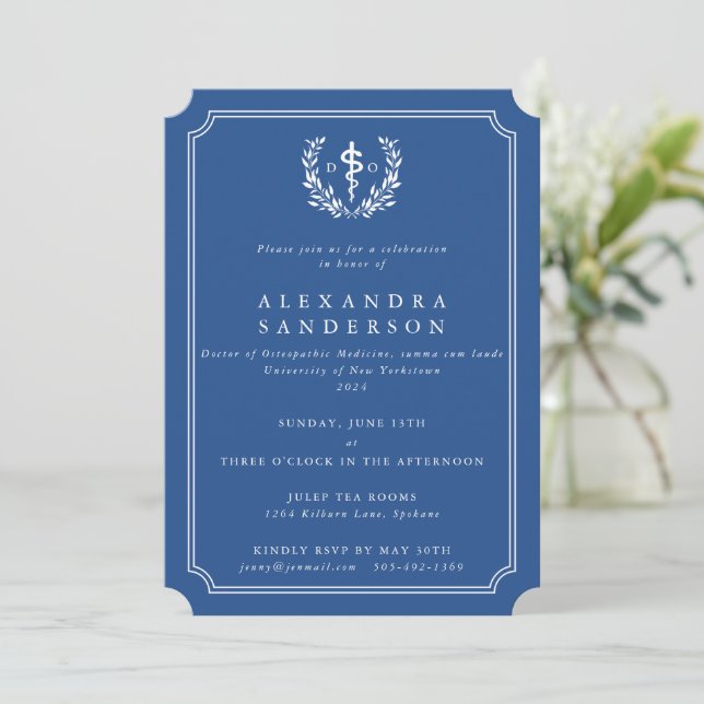 Blue Doctor of Osteopathic Medicine Graduation Inv Invitation (Standing Front)
