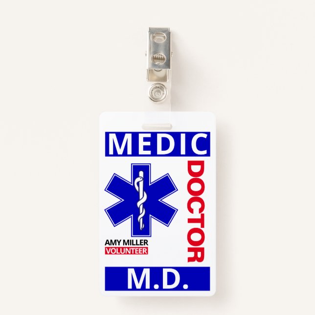 Blue Doctor Print Custom Name Volunteer Employee ID Badge (Front with Clip)