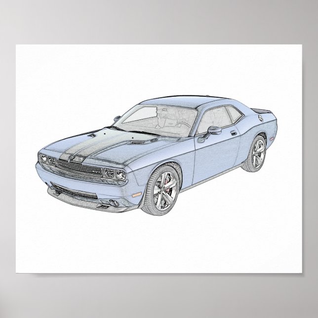 Blue Dodge Challenger Mopar Muscle Car Poster (Front)