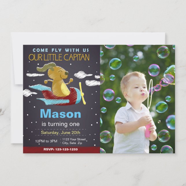 Blue Dog Aeroplane Birthday Invitation with photo (Front)