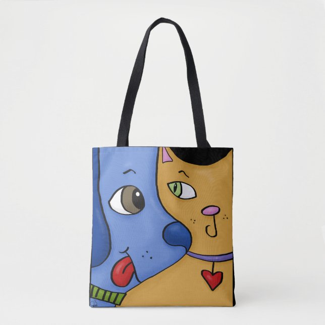 Blue Dog and Orange Cat-Togetherness Tote Bag (Front)