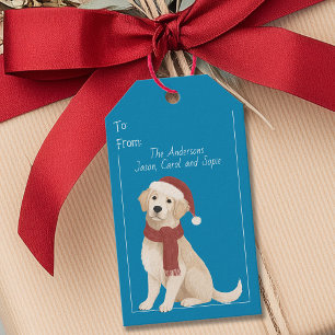 Blue Dog Illustration Santa Hat Christmas Gift Tag