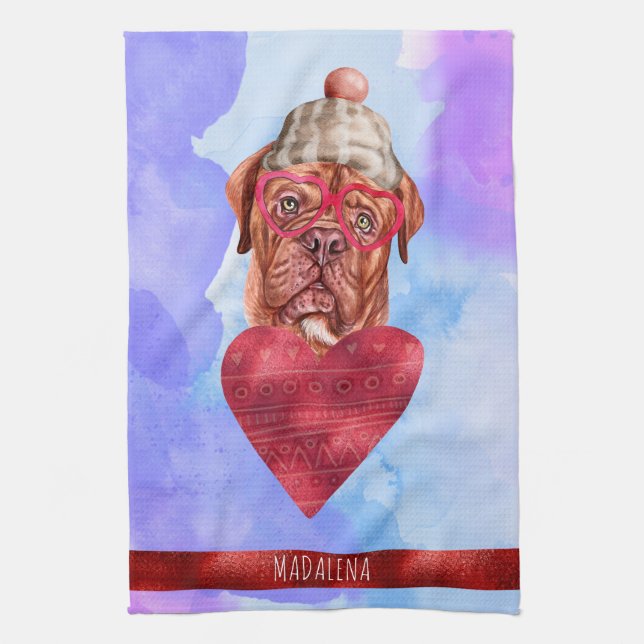 Blue Dog Lover Valentine Gift French Mastiff Tea Towel (Vertical)