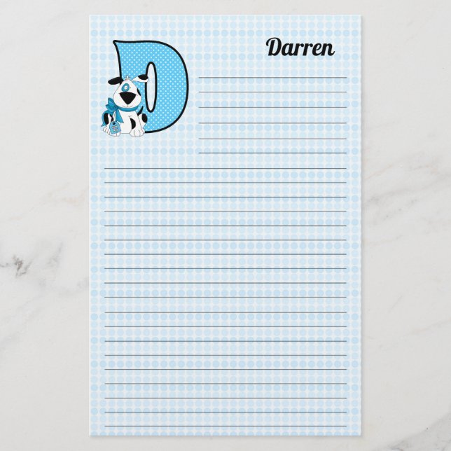 Blue Dog Mongrammed Letter D Lined Stationery (Front)