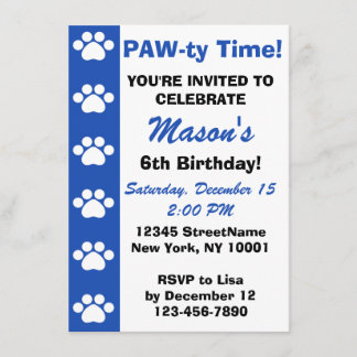 Blue - Dog or Cat Themed Birthday Party Invitation
