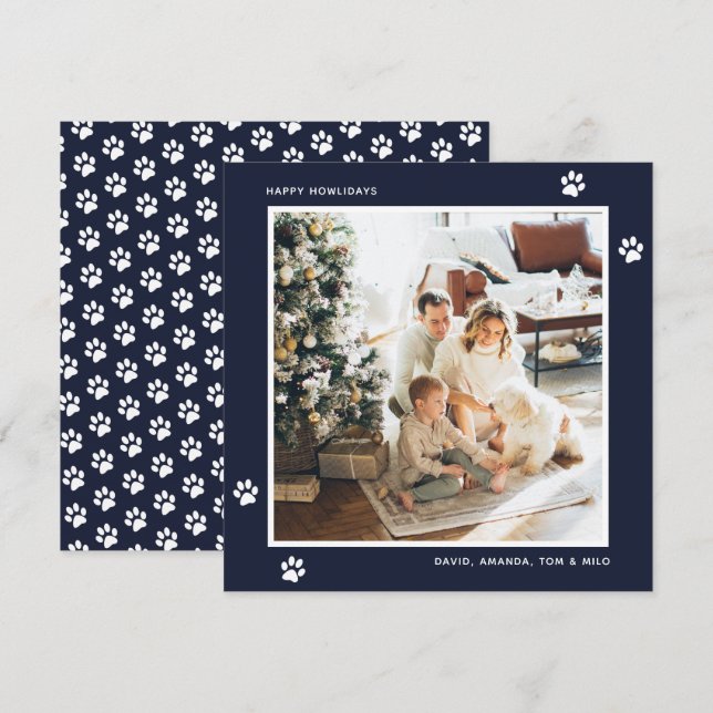 Blue Dog Owner Paws Modern Photo Holiday Card (Front/Back)