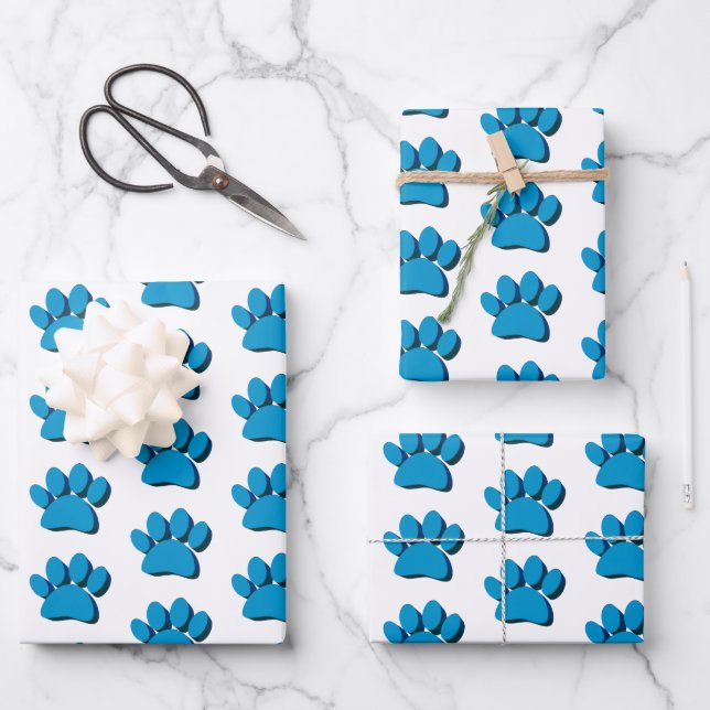 Blue Dog Paw 3D Art Pattern Wrapping Paper Sheet (Front)