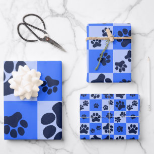 Blue Dog Paw Print Checkerboard Wrapping Paper Sheet