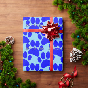 Blue Dog Paw Print Custom Name Wrapping Paper