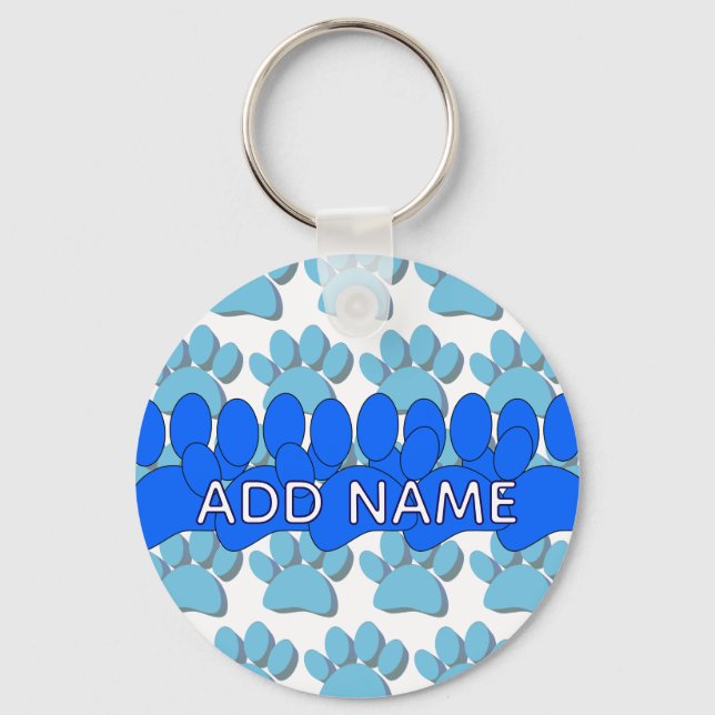 Blue Dog Paw Print Custom Personalized Name Key Ring (Back)
