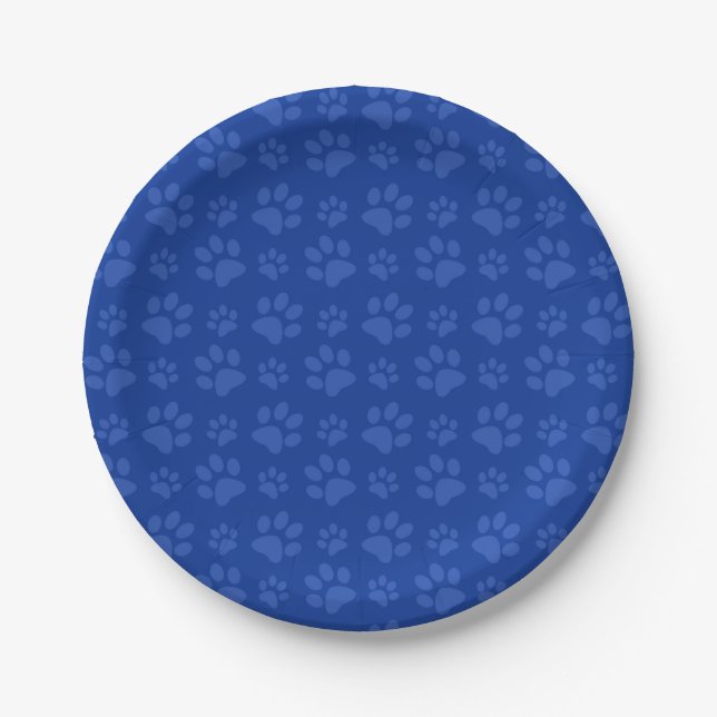 Blue dog paw print pattern paper plate (Front)