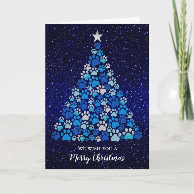 Blue Dog Paws Tree Groomers Pet Docs Holiday Card (Front)