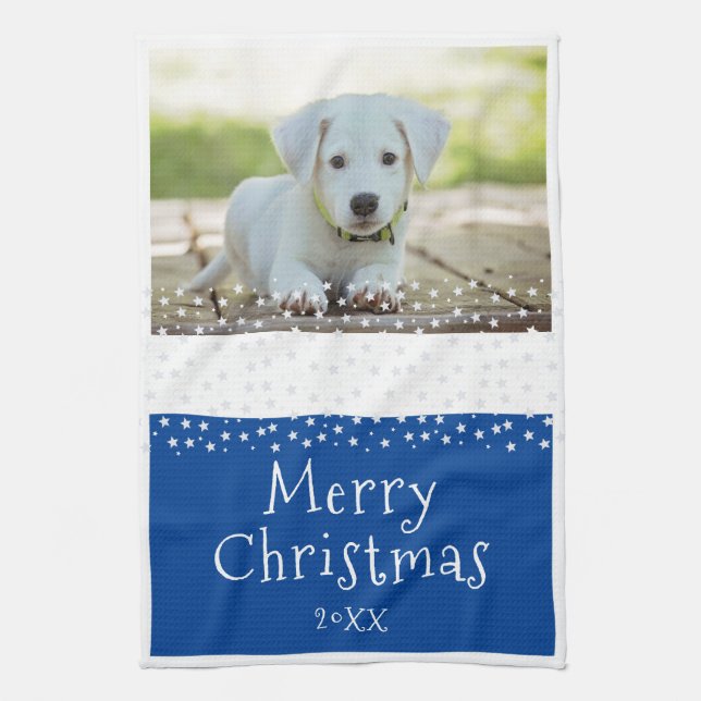 Blue Dog Pet Photo Stars Merry Christmas  Tea Towel (Vertical)