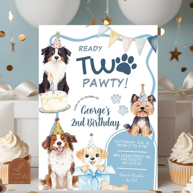Blue Dog Ready Two Pawty Birthday Invitation (Creator Uploaded)