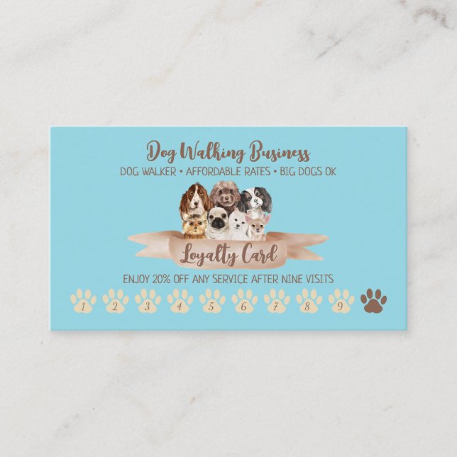 Blue Dog Walker Loyalty Discount Paw Business Card (Front)