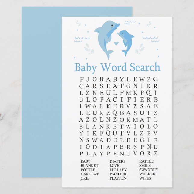 Blue Dolphin Baby Shower Word Search Game (Front/Back)
