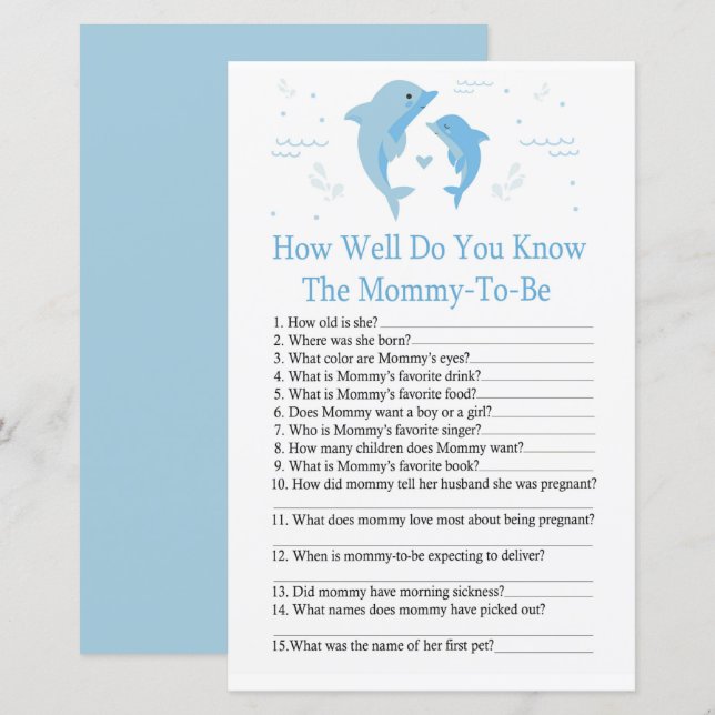 Blue Dolphin How well do you know baby shower game (Front/Back)