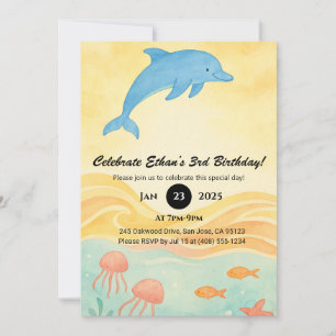 Blue Dolphin & Jellyfish Ocean Scene Birthday  Invitation