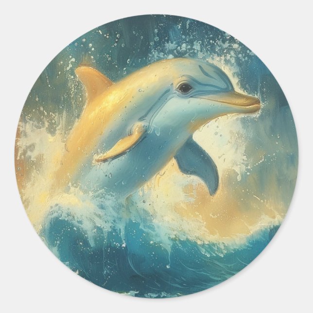 Blue Dolphin Jumping in Waves  Classic Round Sticker (Front)