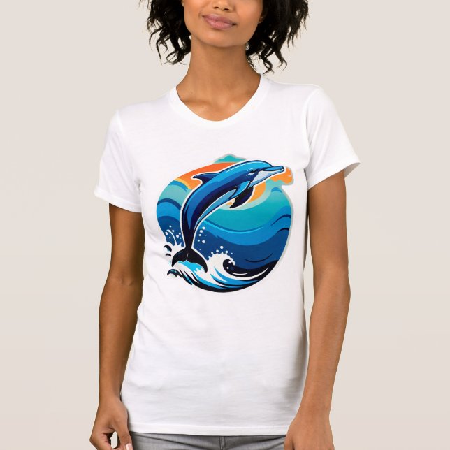 Blue Dolphin Jumping Over Ocean Waves T-Shirt (Front)