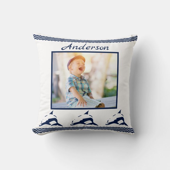 Blue Dolphin Nautical Navy Photo Frame Cushion (Front)