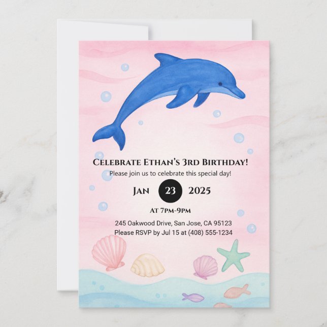 Blue Dolphin Ocean Birthday  Invitation (Front)