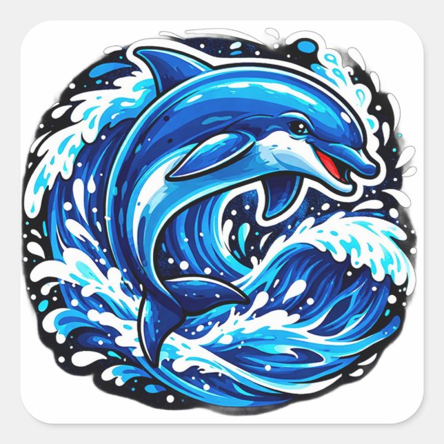 Blue Dolphin Ocean Wave For Coastal Lovers Square Sticker (Front)