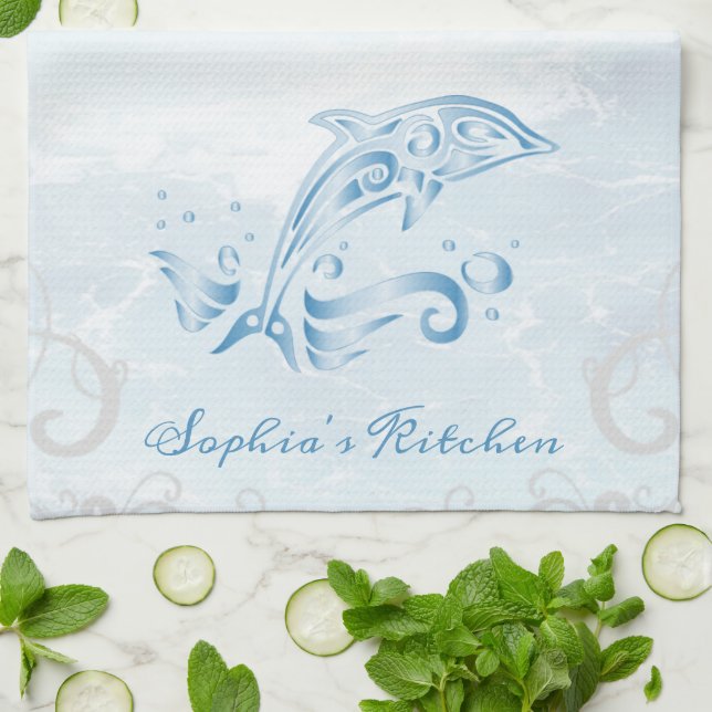 Blue Dolphin Personalised Kitchen Towel (Folded)