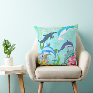 Blue Dolphins In Tropical Oasis Cushion