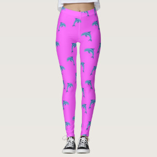 Blue dolphins on pink, animal themed, cartoon leggings