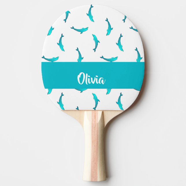 Blue dolphins on white ping pong paddle (Front)