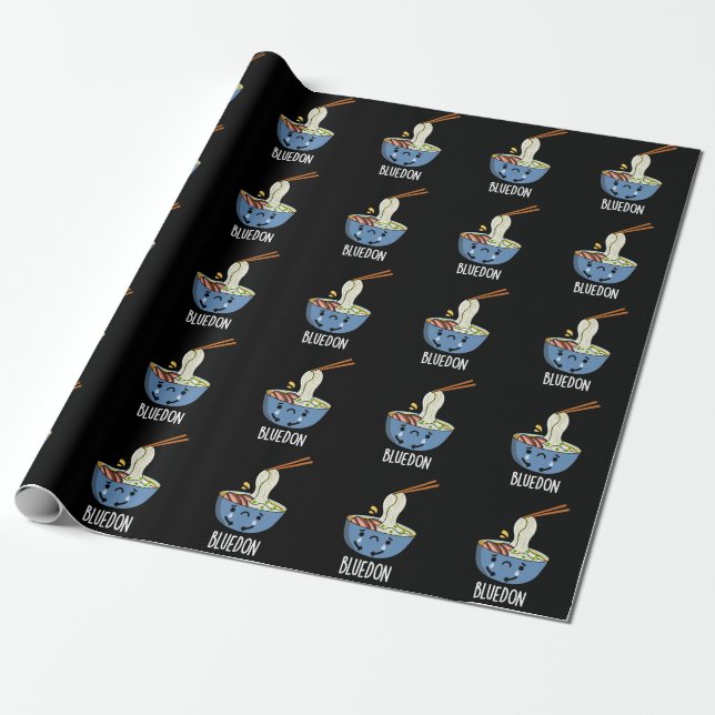 Blue-don Funny Udon Pun Dark BG Wrapping Paper (Unrolled)