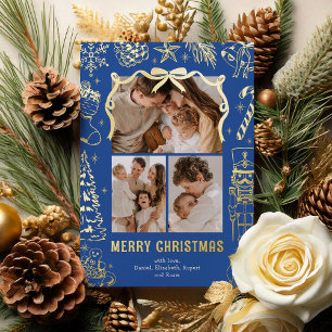 Blue Doodle 3 Photo Christmas Gold Foil Holiday Card