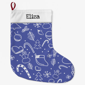 Blue Doodle Christmas Pattern -  Fun & Festive  Large Christmas Stocking
