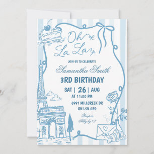 Blue Doodle Handwritten Parisian Cafe Birthday Invitation