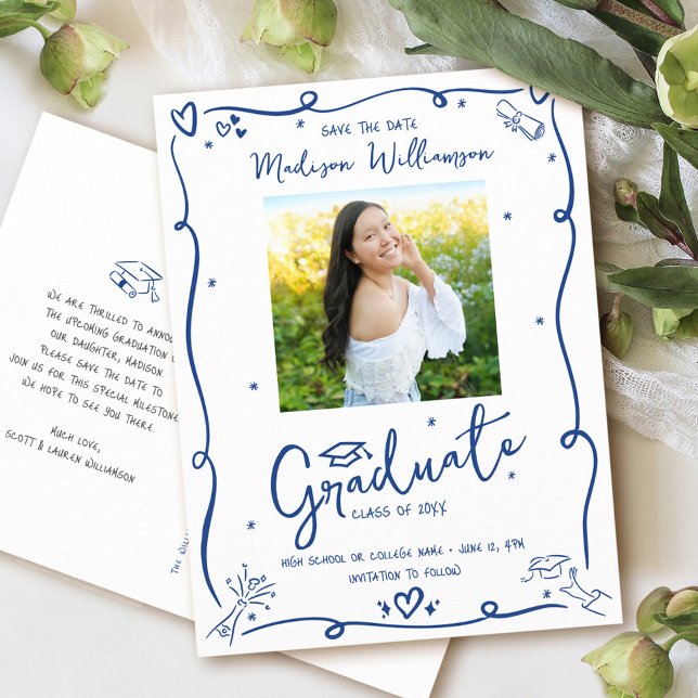 Blue Doodles Graduation Save the Date Photo White Invitation Postcard (Creator Uploaded)