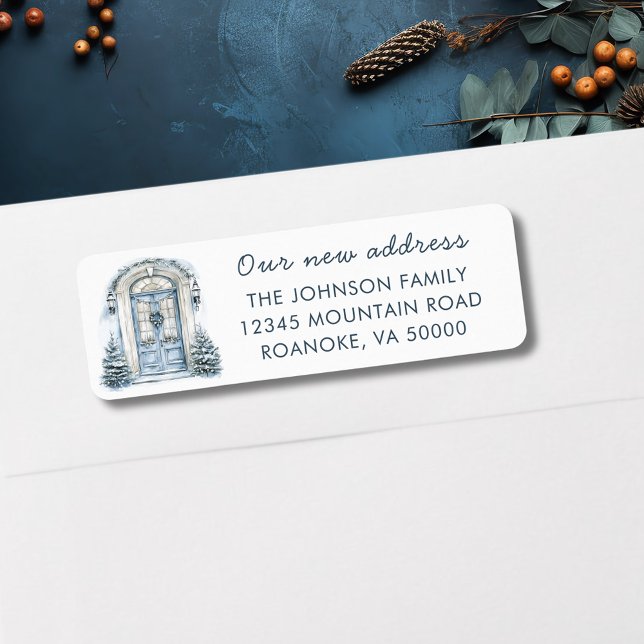 Blue Door Holiday Moving Return Address (Blue Front Door New Home Holiday Moving Announcement Return Addreses Label)