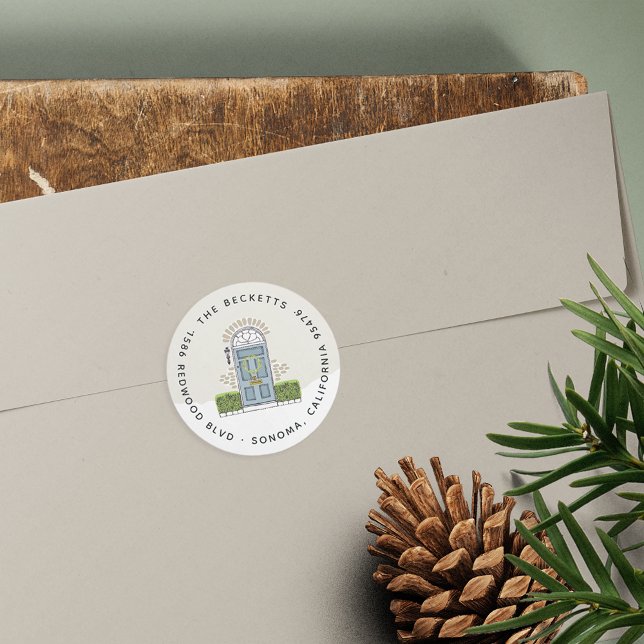 Blue Door Holiday Return Address Classic Round Sticker (Creator Uploaded)