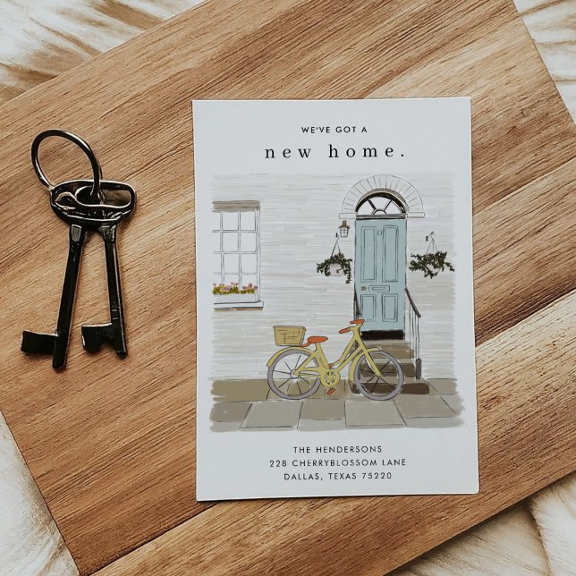 Blue Door Illustrated Moving Announcement (Blue Front Door with Bicycle Illustrated Moving Announcement Cards)