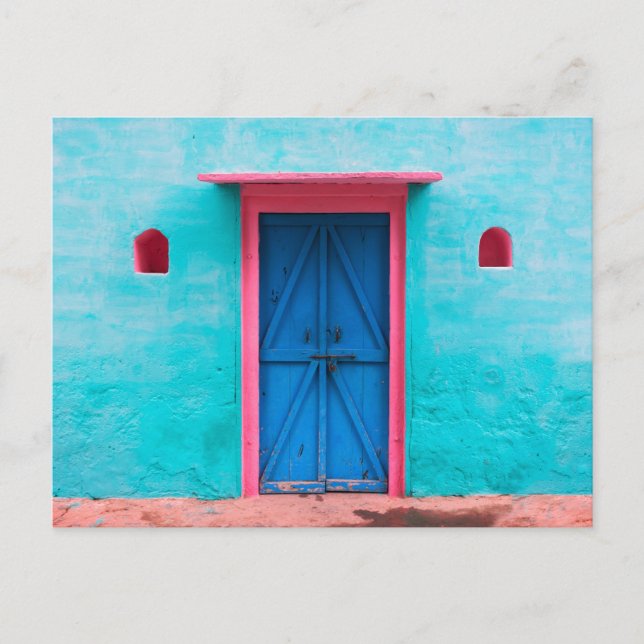 "BLUE DOOR, MOROCCO", TRAVEL PHOTOGRAPHY POSTCARD (Front)