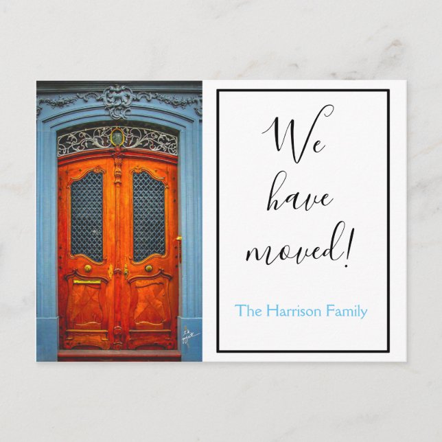 Blue Door We Have Moved Chic Modern Script Announcement Postcard (Front)